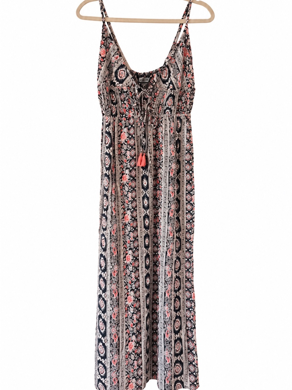 Angie Navy and Coral Printed Spaghetti-Strap Maxi Dress